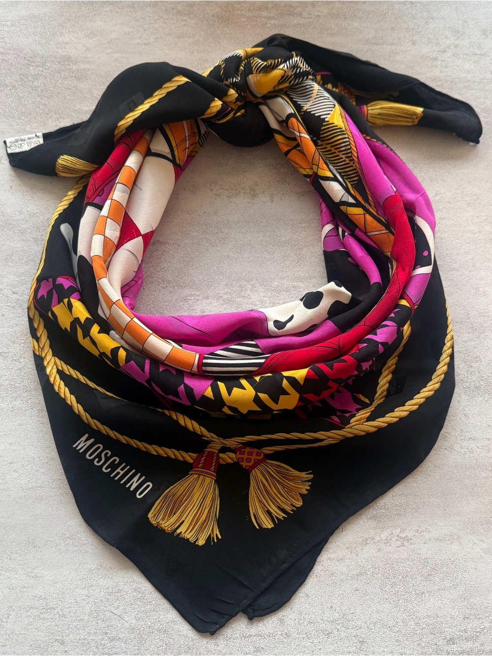 Moschino Black Silk Scarf with Pink, Yellow, Red and Cream Accents